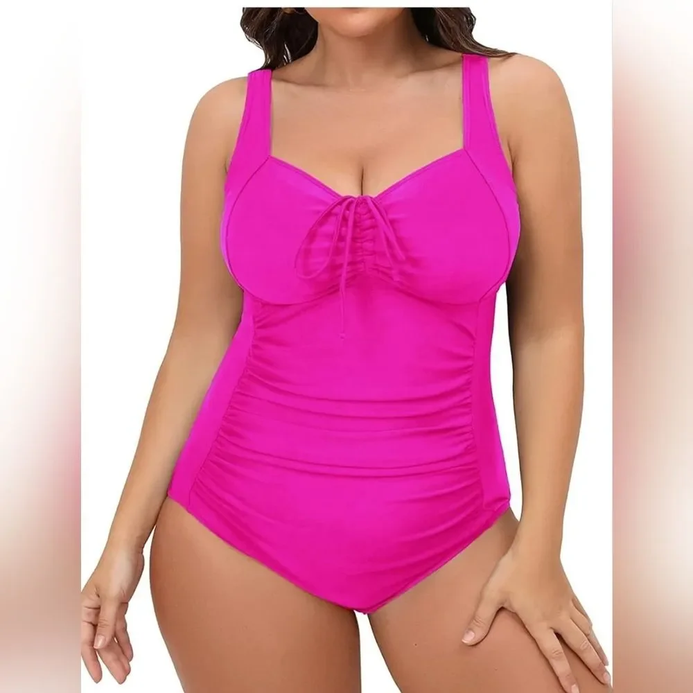 DACI Retro Tummy Control Ruched Barbie Hot Pink Adjustable Plus Swimsuit NWT 20W - Picture 1 of 13